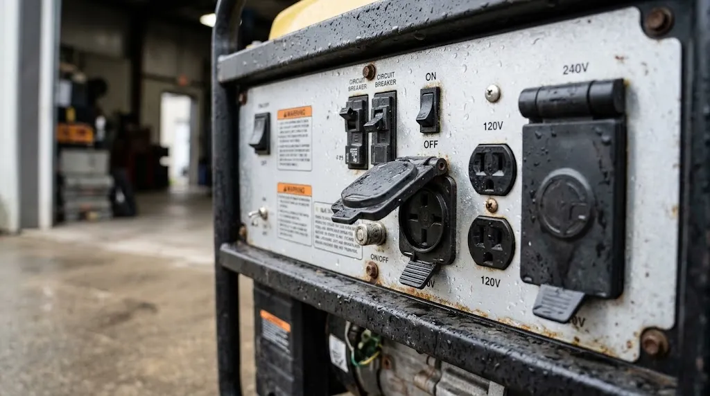 Close-up of wet generator control panel highlighting electrical hazards.