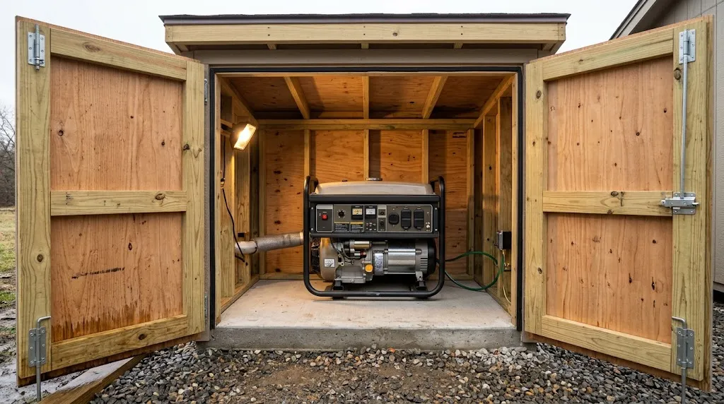Interior view of a generator shelter showing wide access doors and safe maintenance clearance.