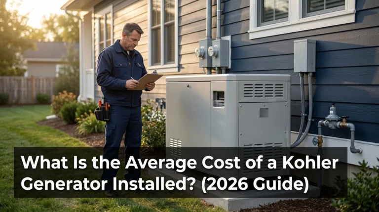 Kohler-style standby generator installed beside a suburban home, illustrating residential installation costs in 2026.