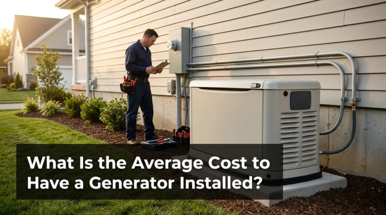 Whole-house standby generator installed beside a suburban home with an electrician inspecting the equipment.