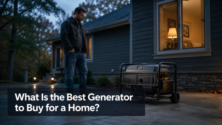 Portable home generator outside a house during a power outage at dusk.