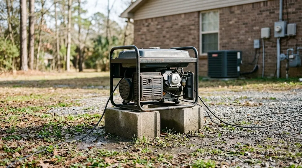 Correctly positioned portable generator on concrete blocks outdoors.