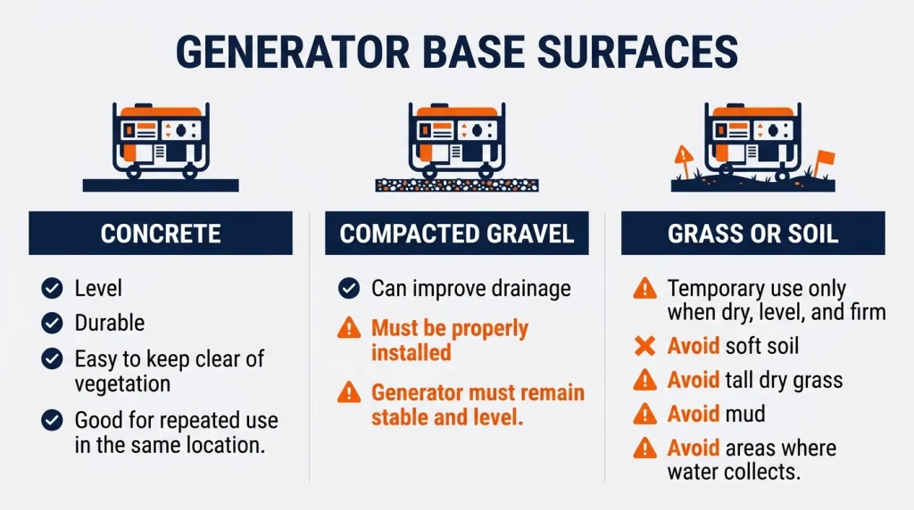 Generator surface comparison showing concrete, compacted gravel, and suitable dry grass or soil