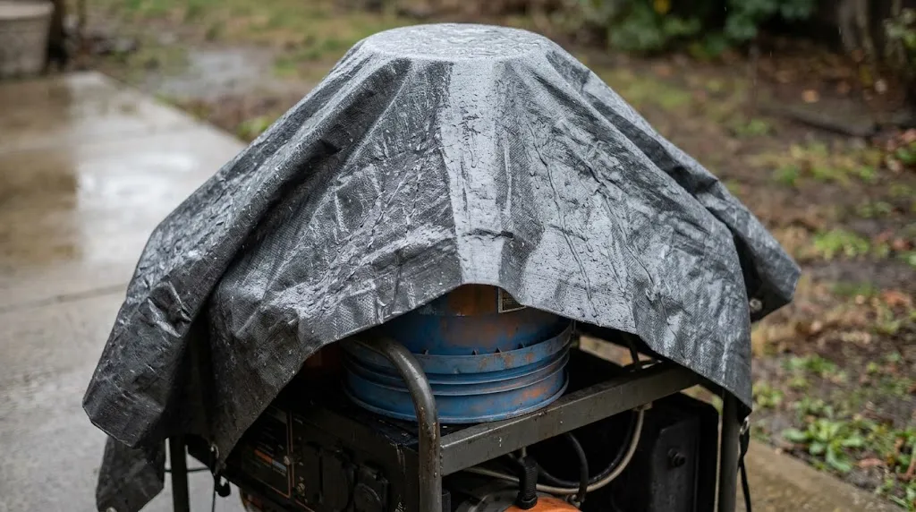 Close-up of a generator frame with an inverted bucket supporting a tarp center crown.
