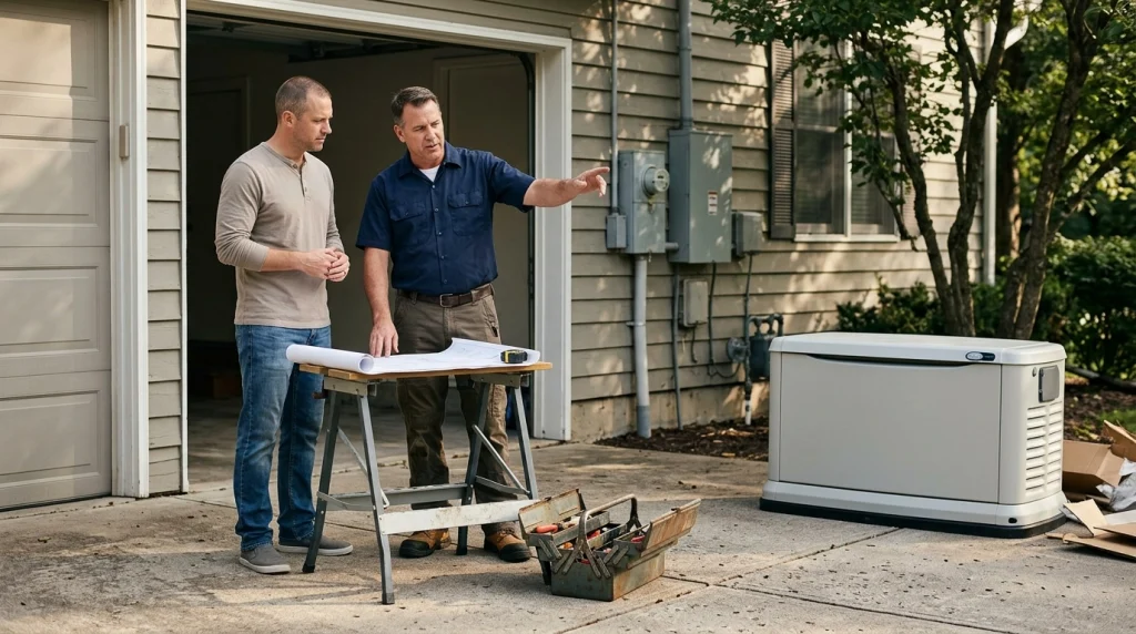 Homeowner consulting an independent electrician about installing a separately purchased residential Generac generator.
