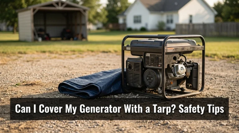 Portable generator beside a blue tarp outdoors, illustrating safe tarp storage and generator operation precautions.