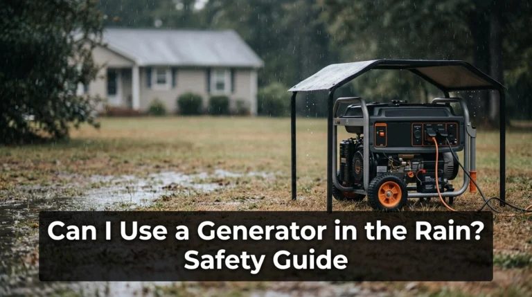Portable generator beneath an approved rain canopy in a residential backyard during rainfall.