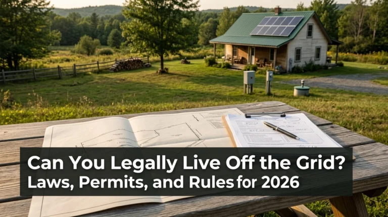 Rural American off-grid cabin with solar panels and property documents illustrating off-grid living laws for 2026.