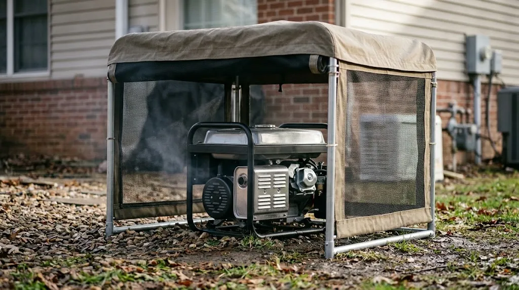 Portable generator running safely underneath an outdoor canopy tent shelter.