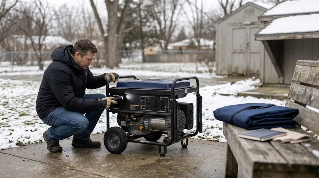 Homeowner inspecting a portable generator outdoors after winter storage before starting it.