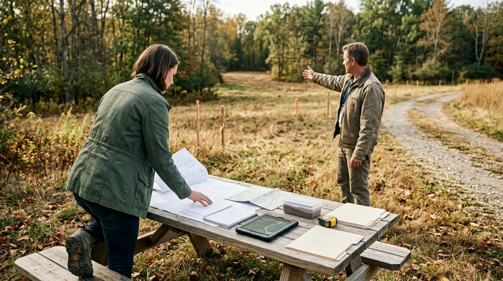 Prospective off-grid land buyer and surveyor reviewing property maps and legal requirements before purchasing rural land.