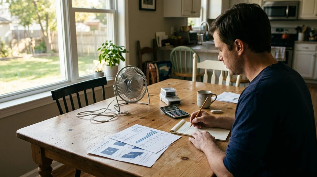 Prospective off-grid land buyer and surveyor reviewing property maps and legal requirements before purchasing rural land.