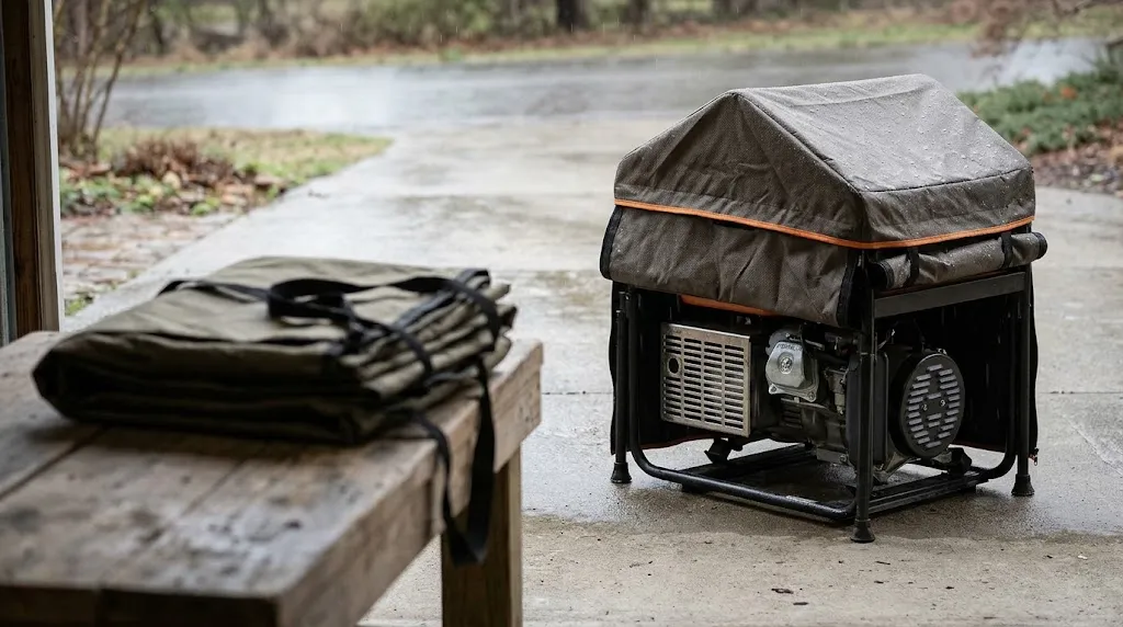 Portable generator beneath a ventilated operating cover beside a separate folded storage cover.