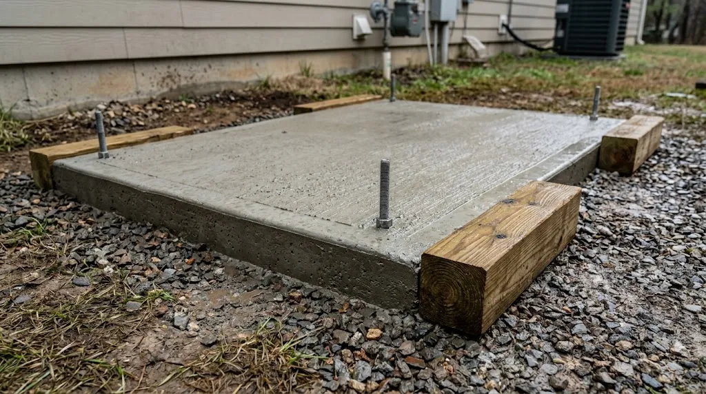 Raised concrete pad and treated timber skids for outdoor generator shelter foundation placement.