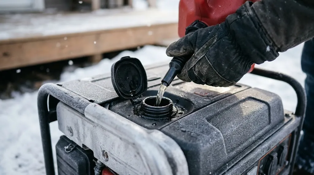 Adding fuel stabilizer to a generator for cold weather starting.