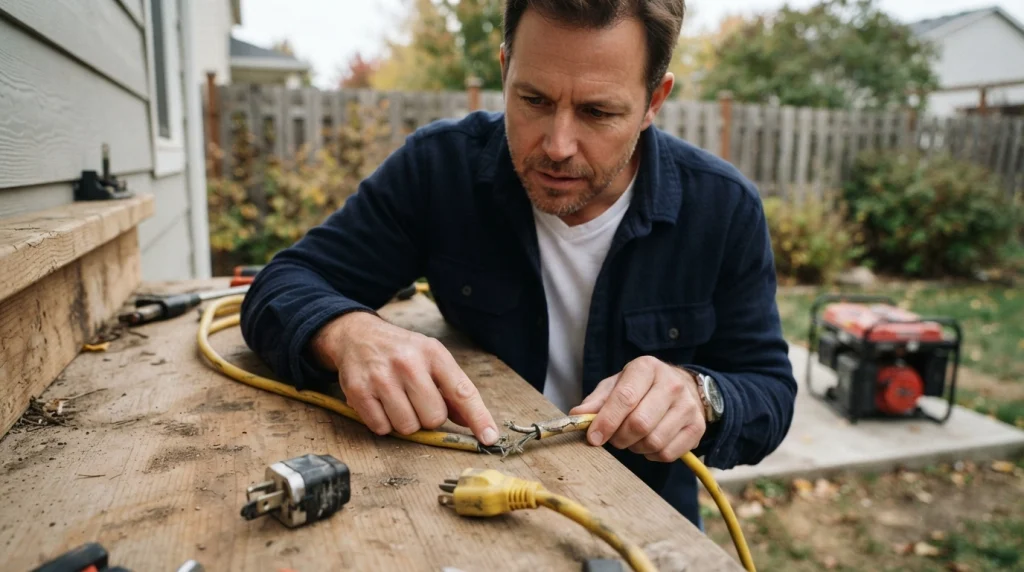 Homeowner inspecting a disconnected damaged extension cord to identify potential generator connection hazards.