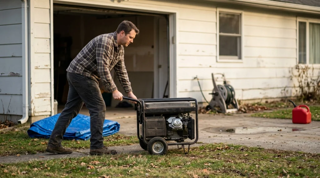 Homeowner moving a portable generator away from common unsafe placement hazards near a house
