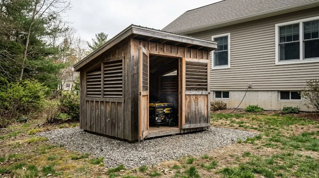 Outdoor generator shelter positioned safely away from a residential home.