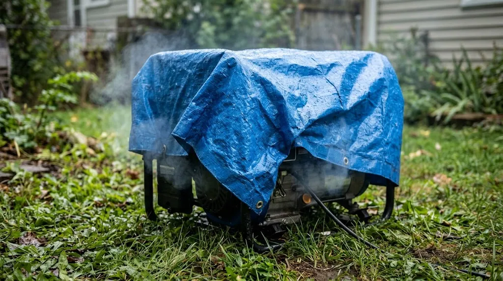Close-up of a blue plastic tarp covering a portable generator, showing risks of trapped exhaust.