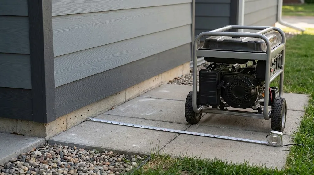 Measuring safety clearance distance for a portable generator setup.