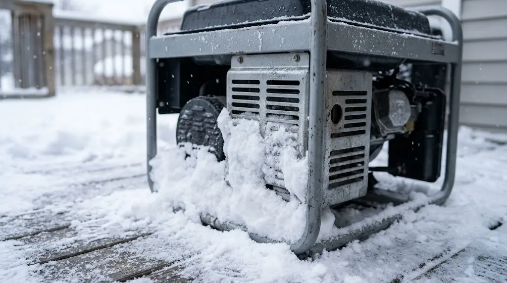 Close-up of portable generator vents partially blocked by heavy snow drifts.