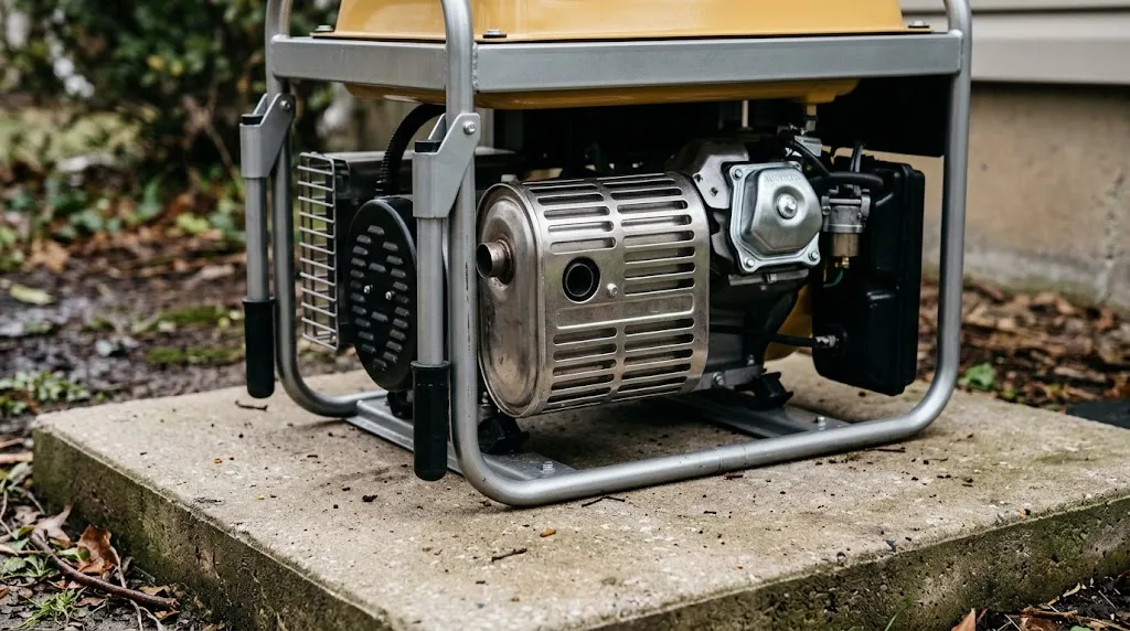 Portable generator positioned on an elevated concrete pad with clear exhaust space.