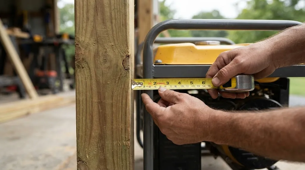 Hands using a tape measure to check clearance on a portable generator shelter frame.