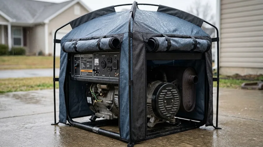 Custom generator tent covering a running portable generator in the rain.