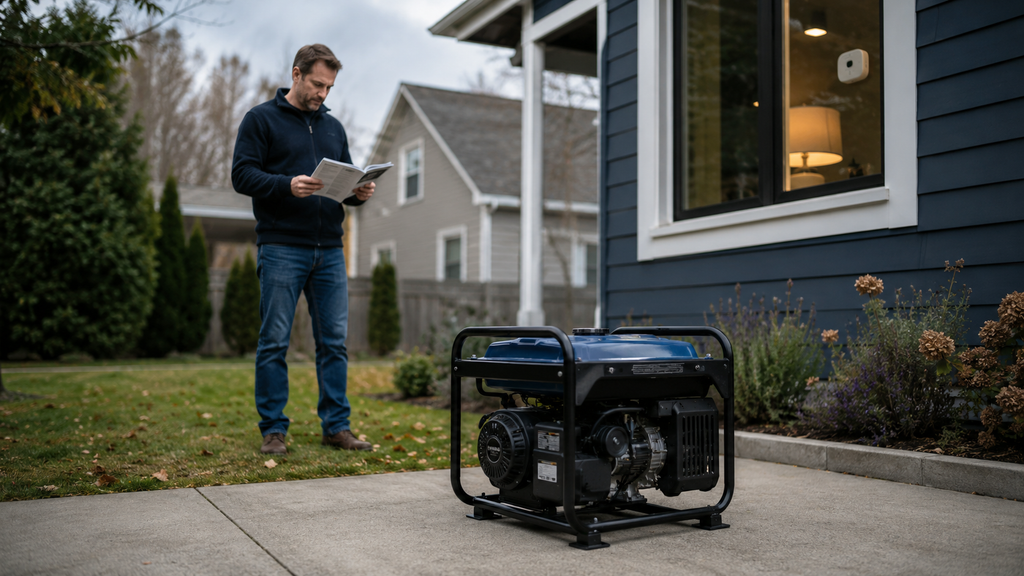 Portable generator operating outdoors away from house windows and doors.