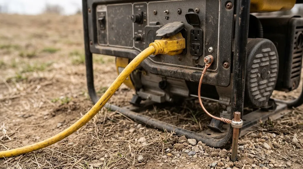 Close-up of heavy-duty extension cord and grounding connection on a portable generator.