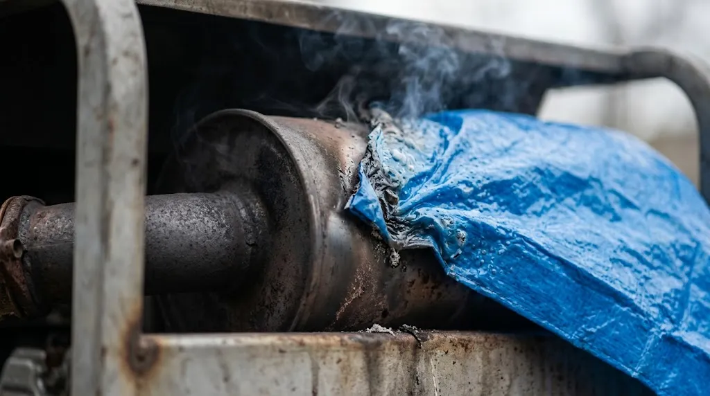 Close-up of hot generator muffler melting a plastic tarp.