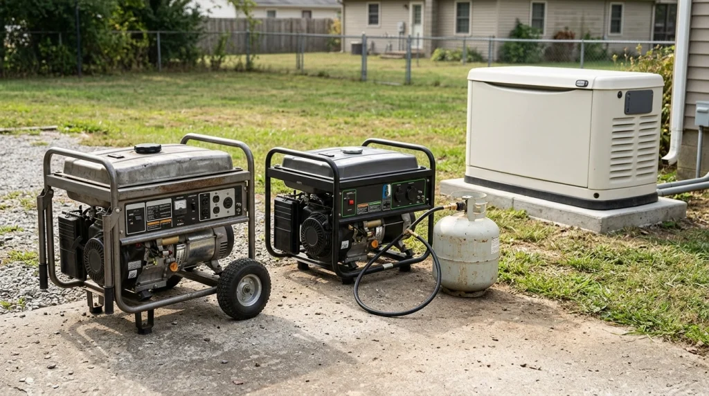 Comparison of gasoline, propane, and residential standby generators in an outdoor home setting.
