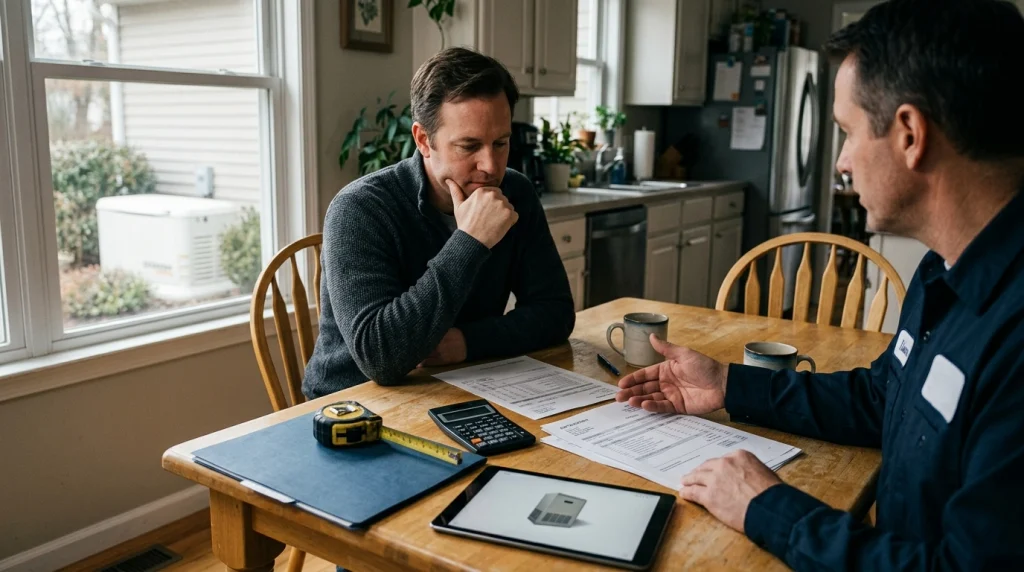 Homeowner and contractor review Generac generator equipment and installation costs at a kitchen table.