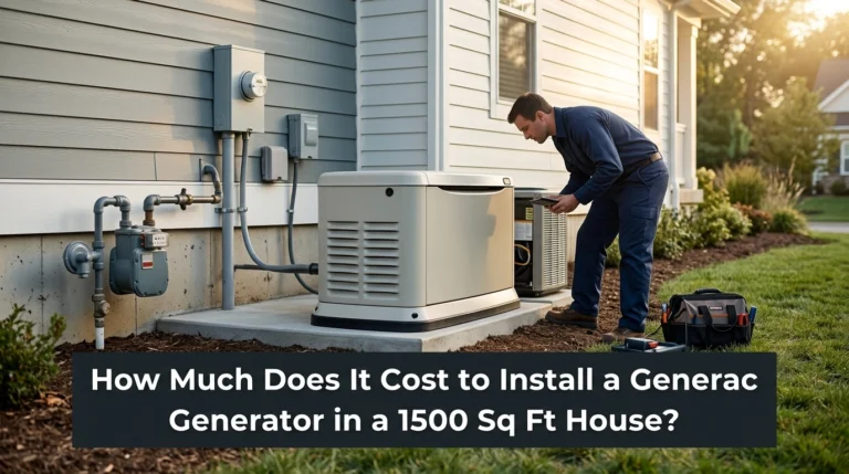 Standby generator installed beside a 1,500 sq ft American house with installation cost guide title