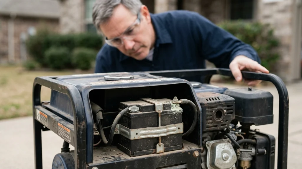 Close-up of a generator starting battery with corrosion and a loose cable connection during inspection