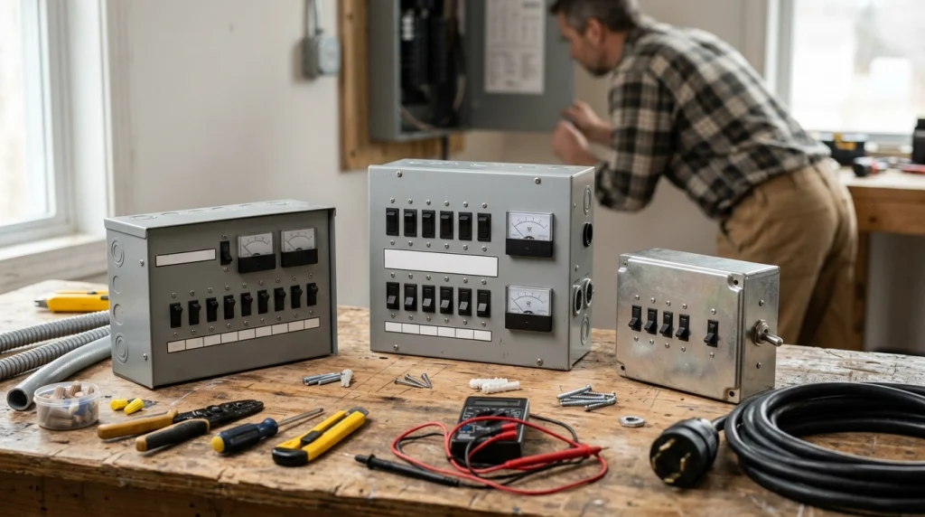 Three generic generator transfer switch systems arranged for comparison on an electrician workbench