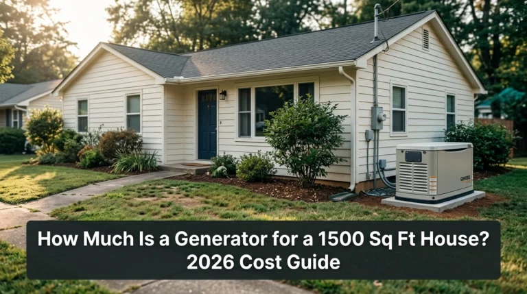 Standby generator beside a 1500 sq ft American house illustrating residential generator costs in 2026.