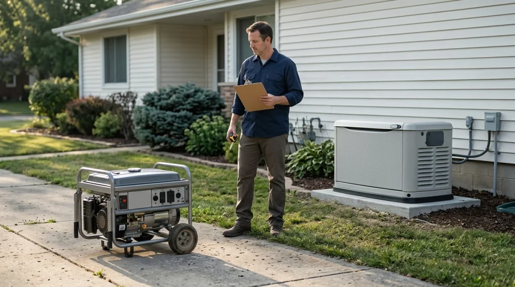 Portable and standby generators outside a suburban home showing different backup power installation choices.