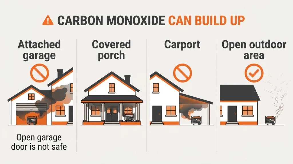 nfographic comparing unsafe garage, porch, and carport generator use with open outdoor placement.