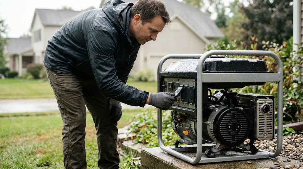 Person inspecting a portable generator outdoors after a rainstorm.