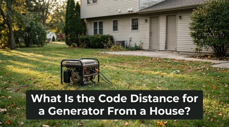 Portable generator positioned safely away from a U.S. suburban house with exhaust facing outward.