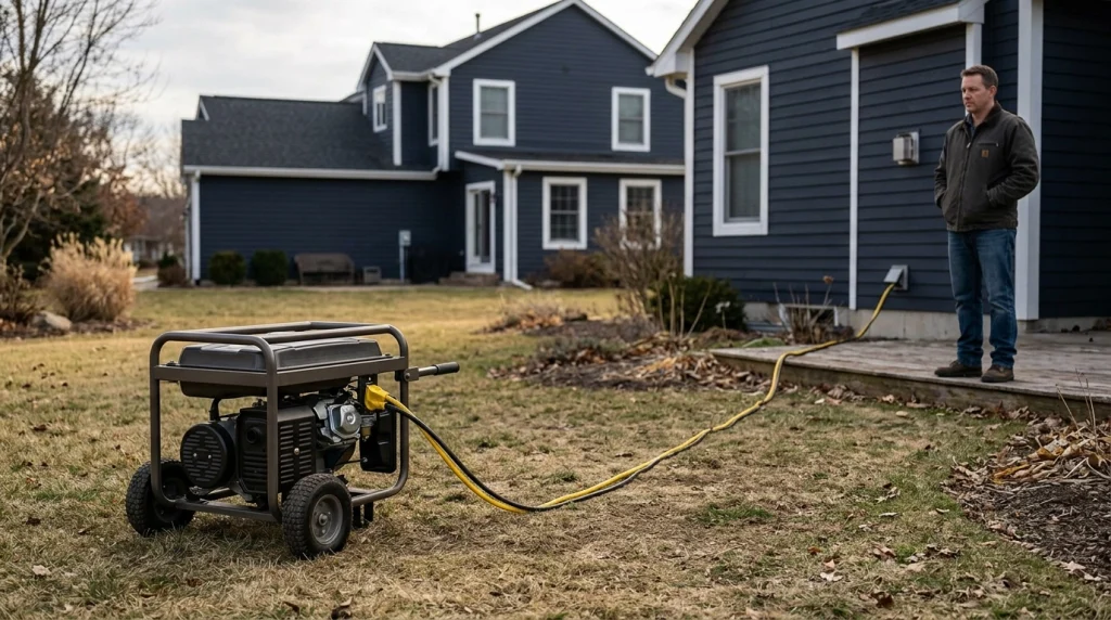 Portable generator positioned at least 20 feet from a house with exhaust directed away from openings.