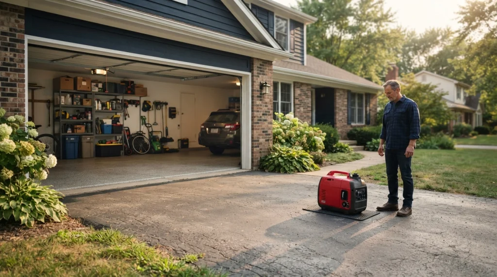  Portable generator safely outside an open garage and positioned away from the house