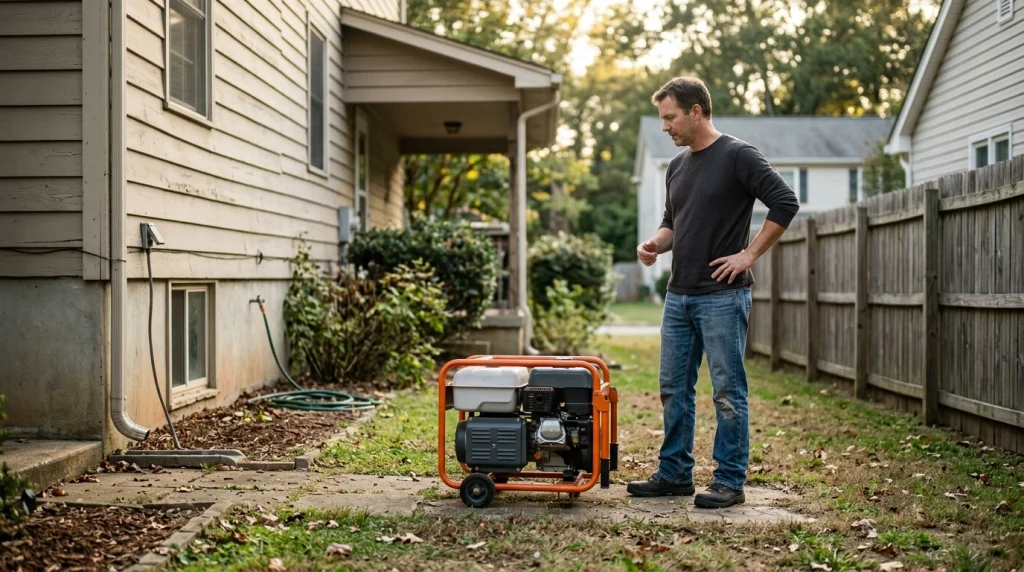 Homeowner checks generator clearance from windows, shrubs, porch areas, and neighboring houses.