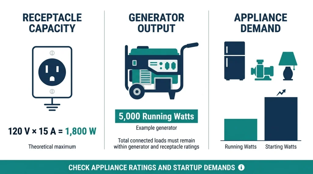 Infographic explaining generator running watts, startup power requirements, and 120V 15A receptacle capacity.