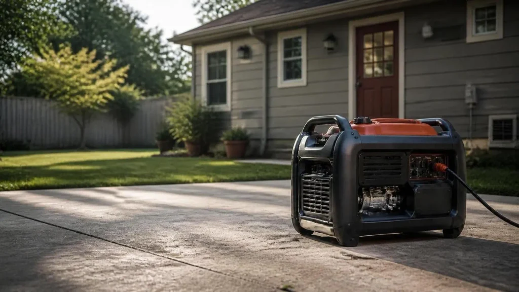 Portable generator operating outdoors with exposed ventilation grilles and clear space around the equipment.