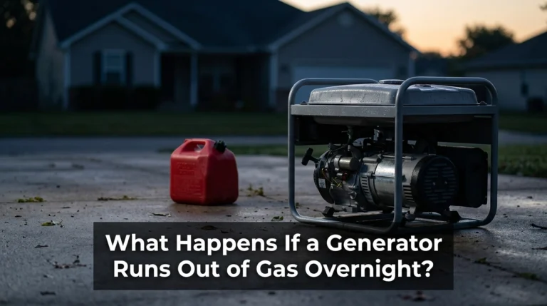 Portable generator out of gas overnight beside a dark suburban home during a power outage.
