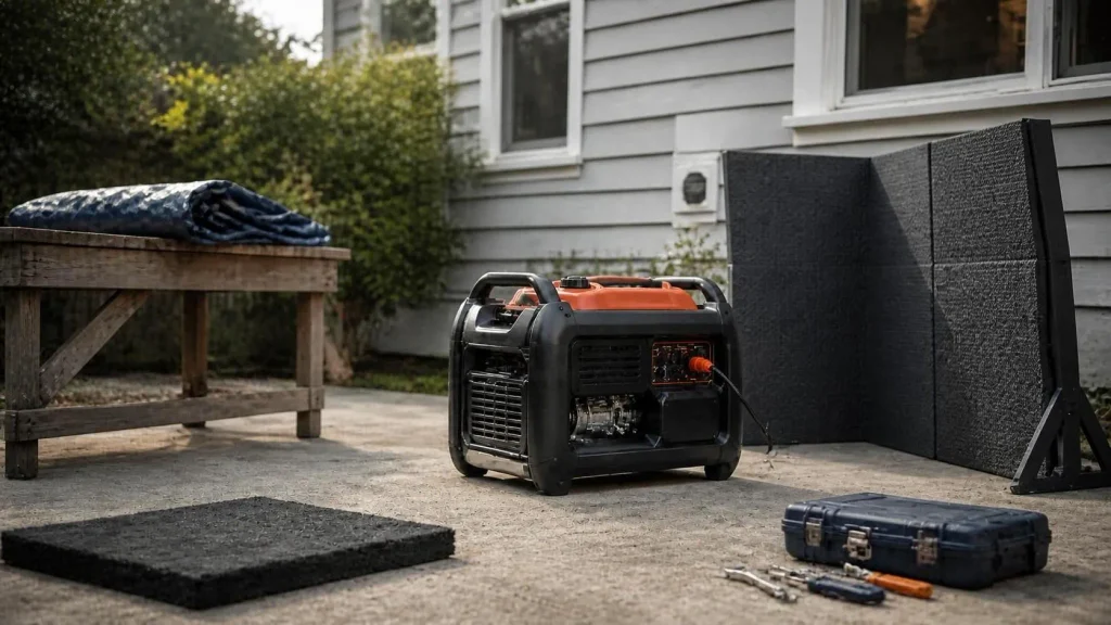 Portable generator in an outdoor utility area with a folded tarp, insulation sample, barrier, and maintenance tools.