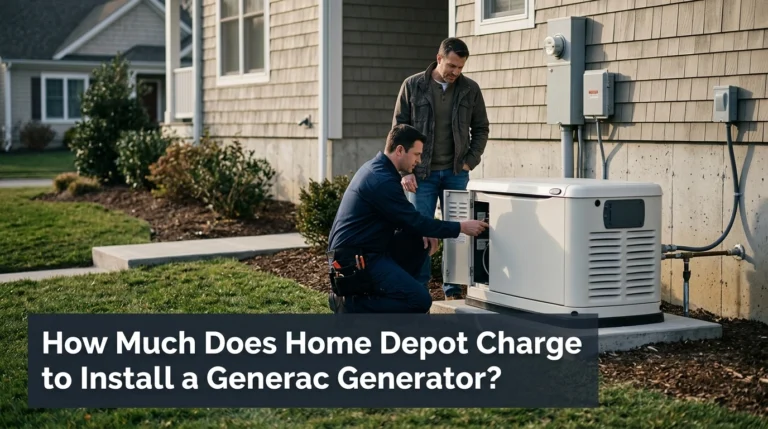Generac-style standby generator installed beside an American home with technician discussing Home Depot installation costs.