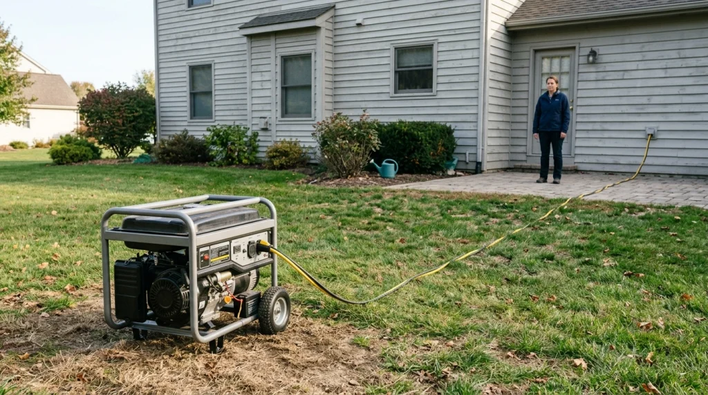 Portable generator operating outdoors at least 20 feet from a suburban home with exhaust directed away.